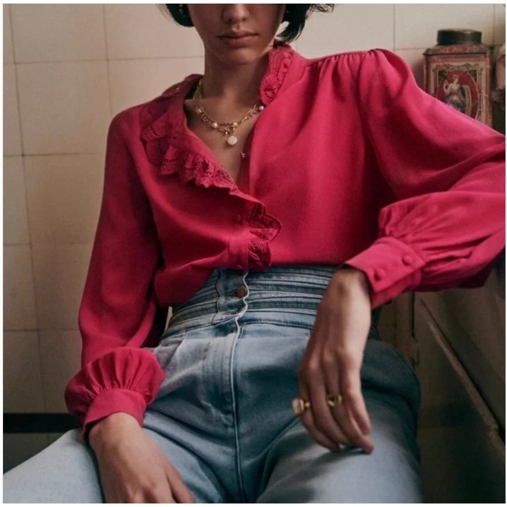 Sezane Chlo Shirt Bougainvillea Ruffle Blouse Pink EU‎ 34